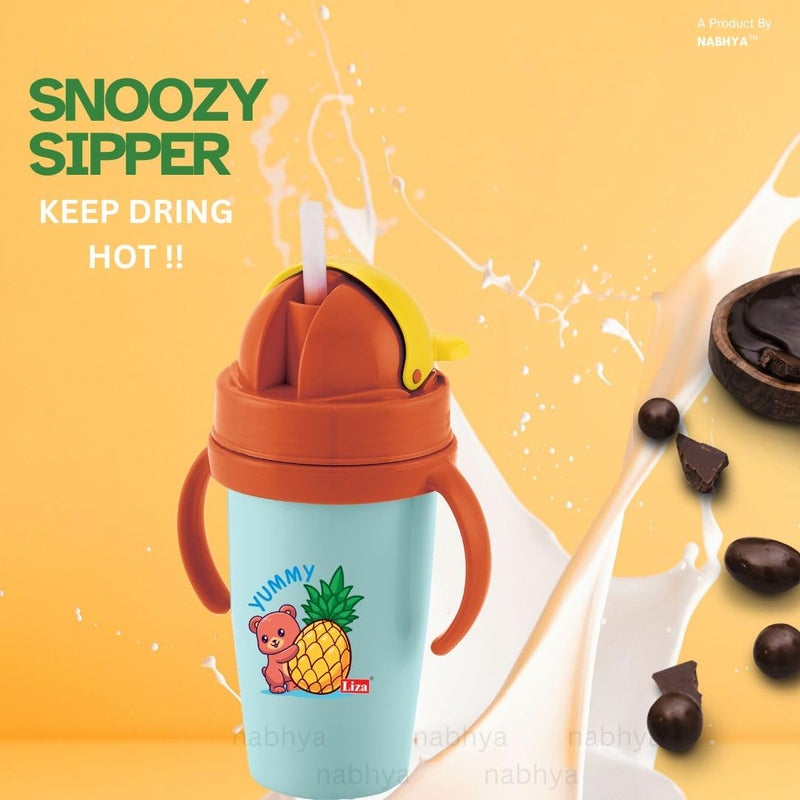 Nabhya Hot & Cold Insulated Stainless Steel 360ml BPA-Free Cute Animal Design Baby Sipper Kids Water Bottle with Straw and Side Handle for Kids (Blue) - Image 5