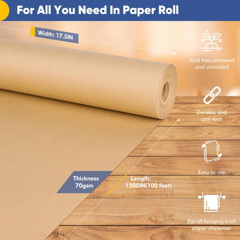 Vanhench Brown Wrapping Paper Roll, Craft Kraft Packing Paper 17.5"x 1200"(100') for Birthday Gift Bulletin Board Arts Bouquet Flower Table Covering Poster Shipping Christmas Supplies 70GSM 50LB - Image 2