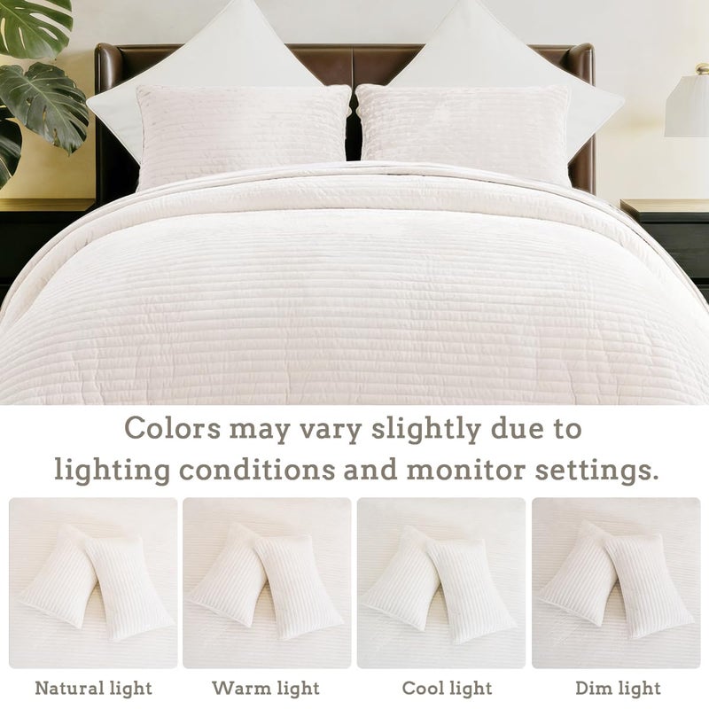 COCOPLOCEUS 3 Pieces Luxurious Velvet Oversized King Quilt Bedding Set 120x128 Striped Bedspread Coverlet Quilted Set with 2 Pillow Shams 20x36 Ultra Soft Comforter for All Season, Cream - Image 2