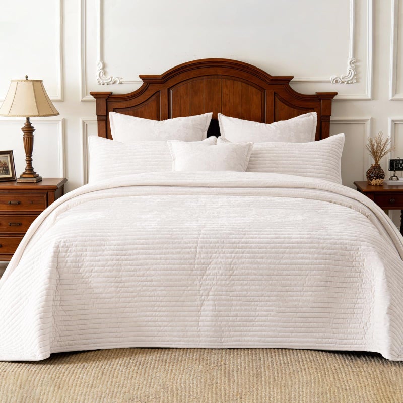 COCOPLOCEUS 3 Pieces Luxurious Velvet Oversized King Quilt Bedding Set 120x128 Striped Bedspread Coverlet Quilted Set with 2 Pillow Shams 20x36 Ultra Soft Comforter for All Season, Cream - Image 1