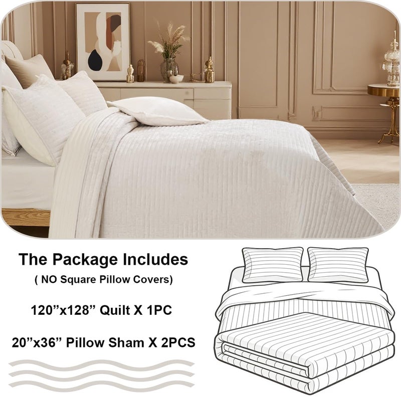 COCOPLOCEUS 3 Pieces Luxurious Velvet Oversized King Quilt Bedding Set 120x128 Striped Bedspread Coverlet Quilted Set with 2 Pillow Shams 20x36 Ultra Soft Comforter for All Season, Cream - Image 5