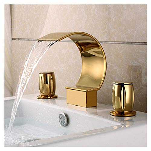 Sprinkle Elegant Waterfall Double Handle Bathroom Sink Faucet Arc Waterfall Spout Bathtub Filler Widespread Bathroom Faucet Gold - Image 1