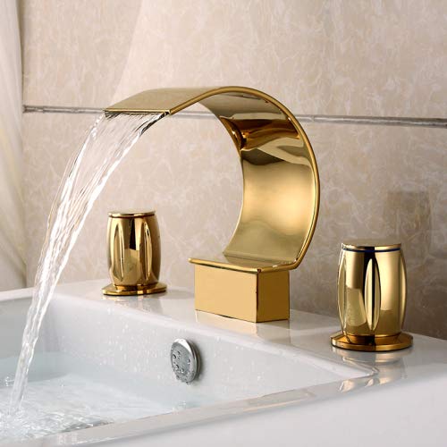 Sprinkle Elegant Waterfall Double Handle Bathroom Sink Faucet Arc Waterfall Spout Bathtub Filler Widespread Bathroom Faucet Gold - Image 2