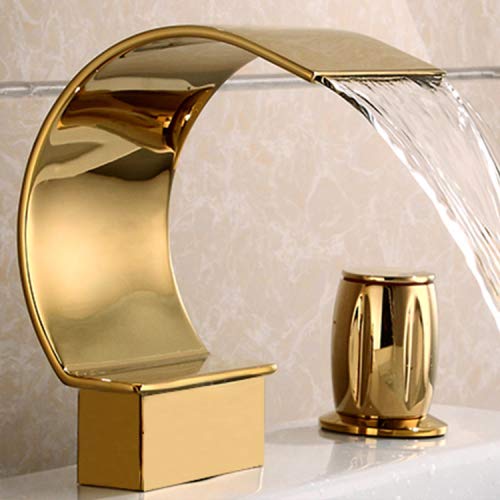 Sprinkle Elegant Waterfall Double Handle Bathroom Sink Faucet Arc Waterfall Spout Bathtub Filler Widespread Bathroom Faucet Gold - Image 3