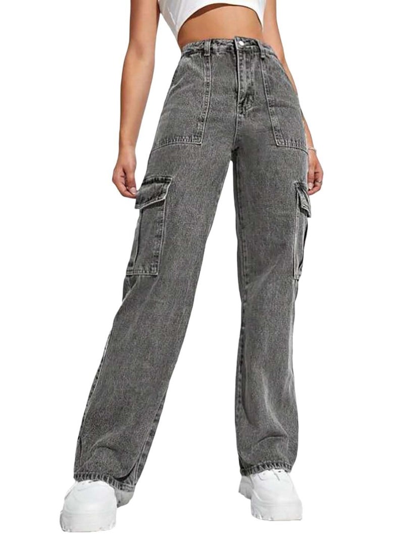 KOTTY Women's Solid High Rise Relaxed Fit Cargo Jeans Ash Gray (Grey,M)_KOTTYLADIESJEANS2457M - Image 1