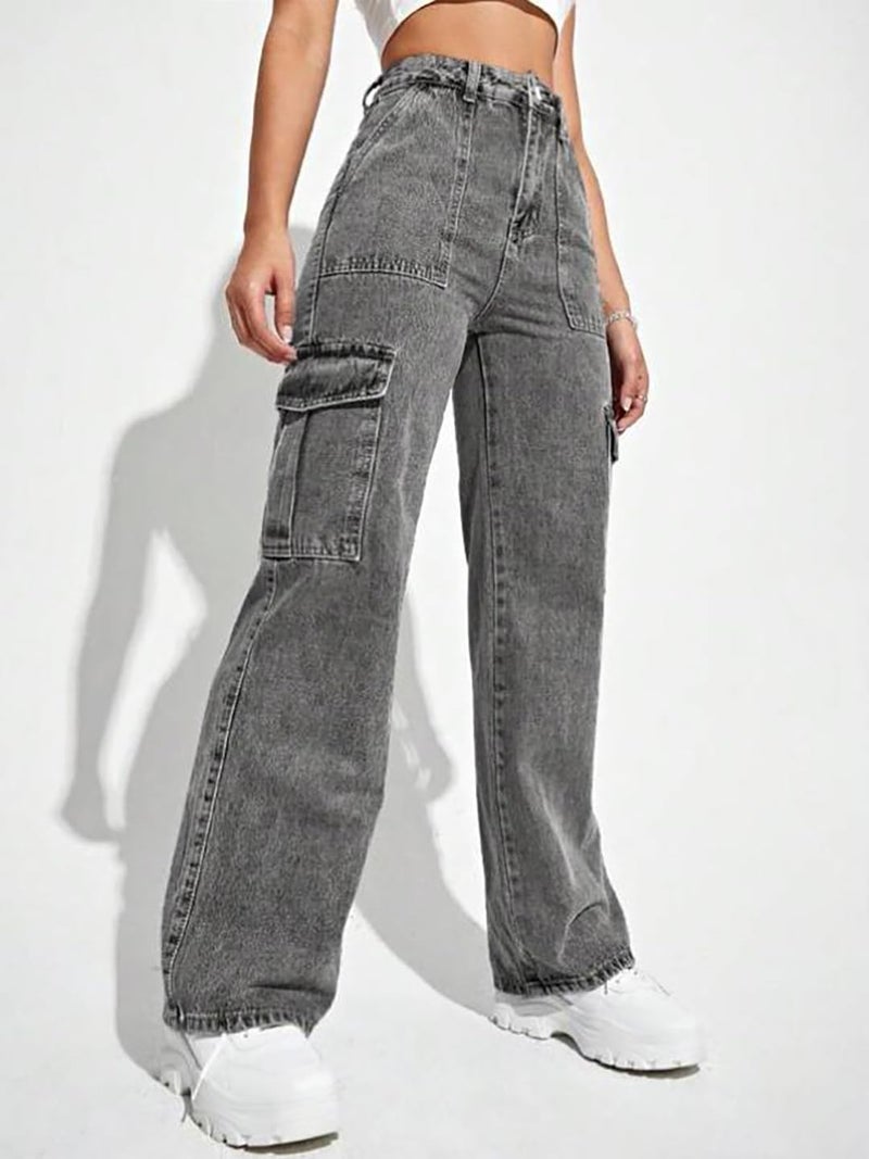 KOTTY Women's Solid High Rise Relaxed Fit Cargo Jeans Ash Gray (Grey,M)_KOTTYLADIESJEANS2457M - Image 3
