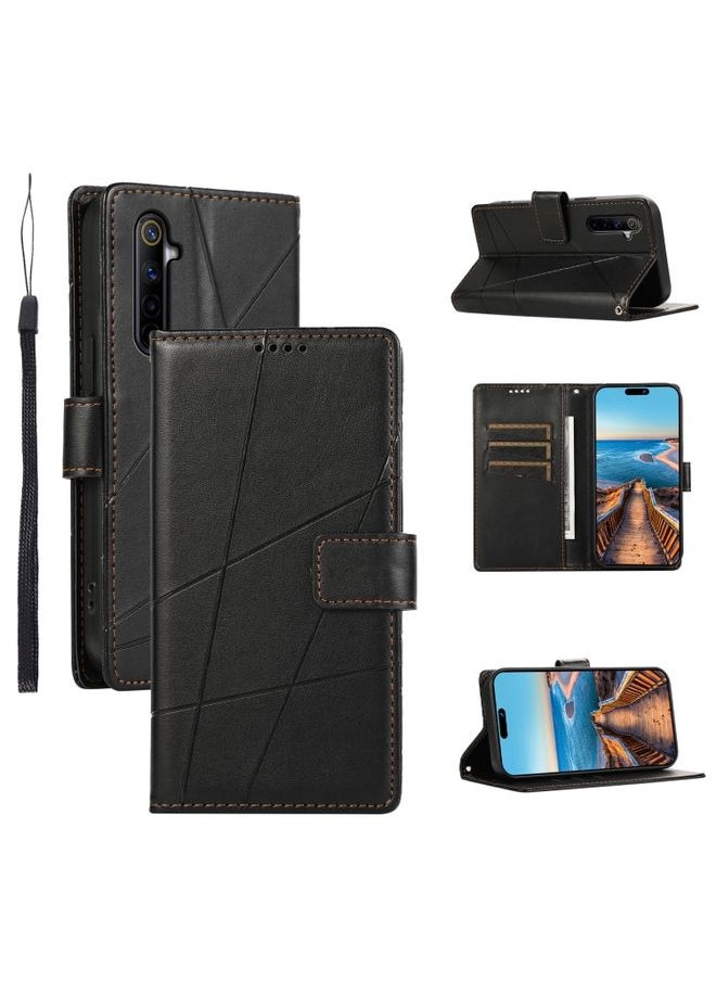 HuHa Case Cover For Realme 6 / 6s PU Genuine Leather Texture Embossed Line Phone Case Black 