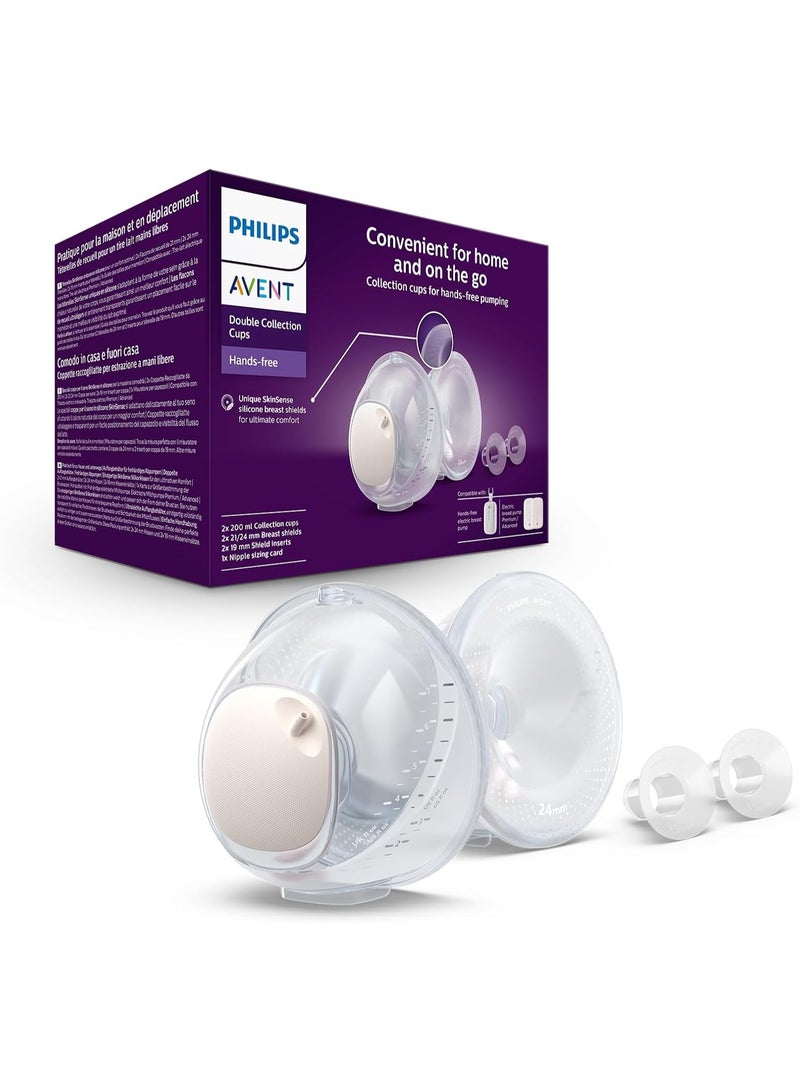 Avent Philips Avent Hands-Free Double Collect Cups, Ultra Light and Transparent Electric Breast Pump Collection Cups, 4 Breast Funnels (2x 21mm, 2x 24mm), 2x 19mm Funnel Inserts, SCF439/01 - Image 1