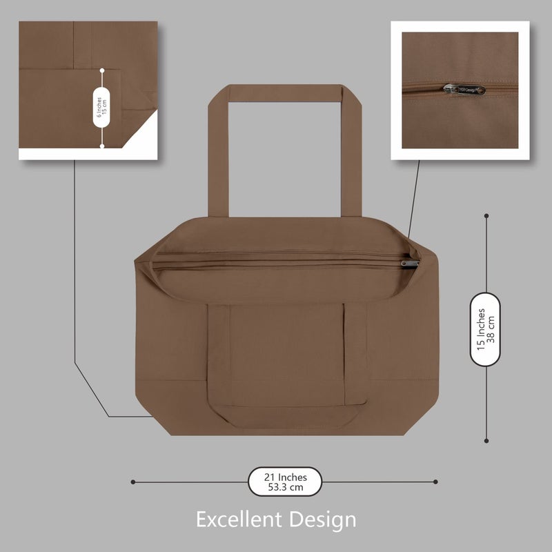 TOPDesign 1-Pack Canvas Tote Bag with an External Pocket, Reusable Grocery Shopping Bag, Top Zipper Closure, Daily Essentials (Brown) - Image 5