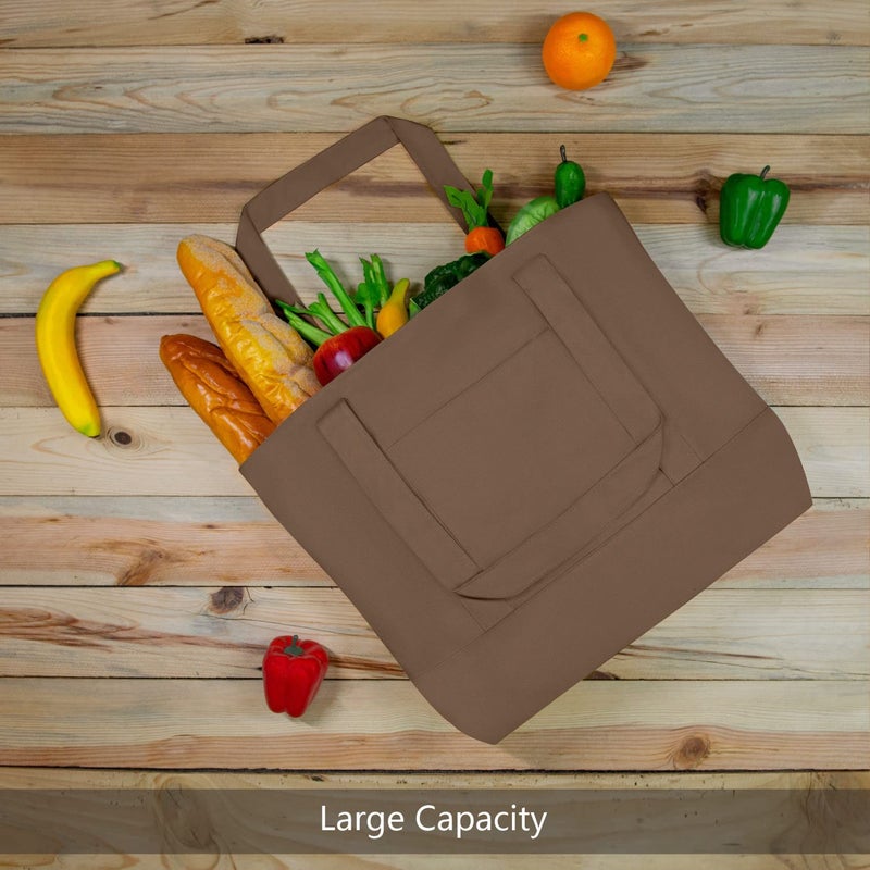 TOPDesign 1-Pack Canvas Tote Bag with an External Pocket, Reusable Grocery Shopping Bag, Top Zipper Closure, Daily Essentials (Brown) - Image 4