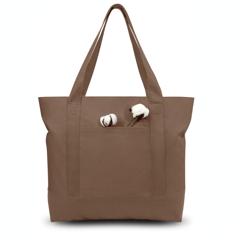 TOPDesign 1-Pack Canvas Tote Bag with an External Pocket, Reusable Grocery Shopping Bag, Top Zipper Closure, Daily Essentials (Brown) - Image 1