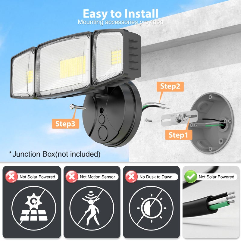 Onforu 100W 11000LM Flood Lights Outdoor, Brightness Security LED Flood Lights with 3 Adjustable Heads, Switch Controlled, IP65 Waterproof 6500K Outside Exterior Flood Light for Yard Garage Eave Patio - Image 2