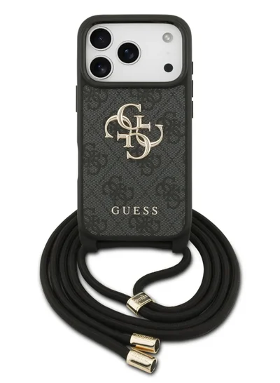 GUESS iPhone 17 Pro 4G PU Leather Case With big 4G Logo & Lanyard / Easy Snap On / Drop Protection / Slim Profile / Lightweight Back Cover -Black