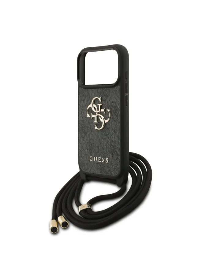GUESS iPhone 17 Pro 4G PU Leather Case With big 4G Logo & Lanyard / Easy Snap On / Drop Protection / Slim Profile / Lightweight Back Cover -Black
