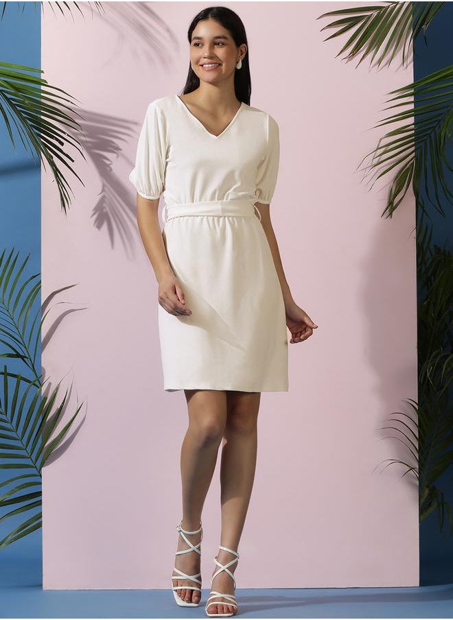 Kotty V Neck Puff Sleeves A-Line Mini Dress by Styli  - Image 1