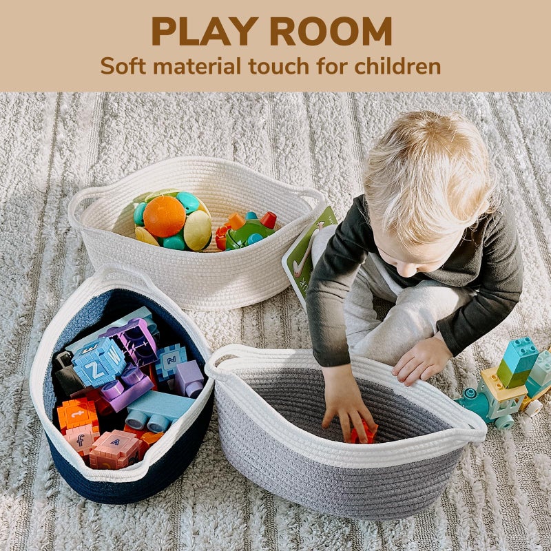 Goodpick Small Woven Storage Basket with Handles, Cotton Rope Baskets for Gifts Empty, Dog Toys, Diapers, Towels, Easter Baskets for Kids, 12" x 8" x 5", Gray - Image 3