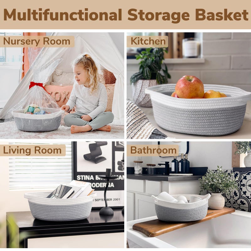 Goodpick Small Woven Storage Basket with Handles, Cotton Rope Baskets for Gifts Empty, Dog Toys, Diapers, Towels, Easter Baskets for Kids, 12" x 8" x 5", Gray - Image 4