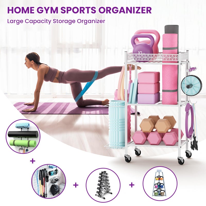 VOPEAK Yoga Mat Storage Rack, Home Gym Storage Rack Yoga Mat Holder, Workout Storage for Yoga Mat, Foam Roller, Gym Organizer Gym Equipment Storage for Home Exercise and Fitness Gear (Metal) - Image 2