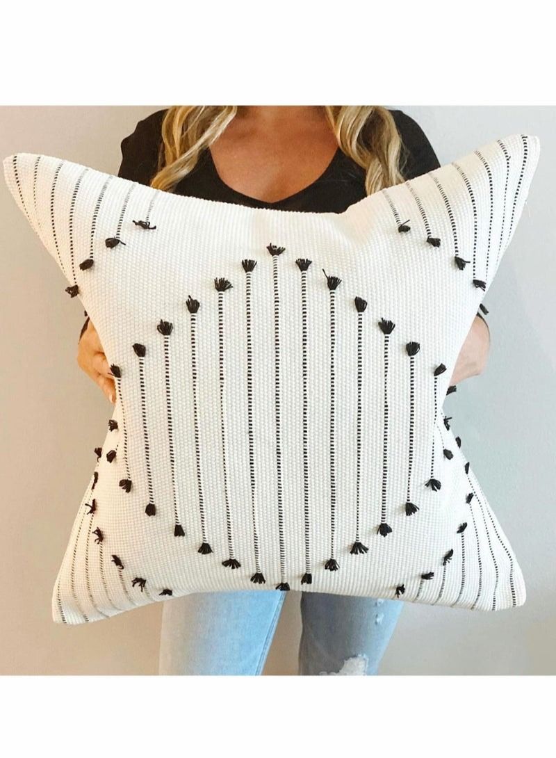 Boho Throw Pillow Covers, 2 Pcs Black and Cream White, Set of 2 Modern Farmhouse Accent Home Decor, Neutral Woven Decorative Pillow Covers for Couch/Bed  18 x 18 Inches,  - Image 2