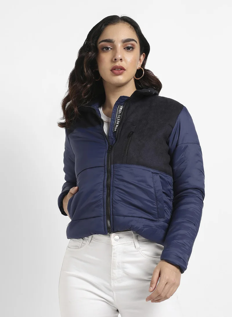 Campus Sutra Women's Blue Bomber Jacket With Angled Open Pockets For Casual Wear | High Neck  | Long Sleeve | Zipper Closure | Polyester Jacket Crafted With Comfort Fit For Everyday Wear