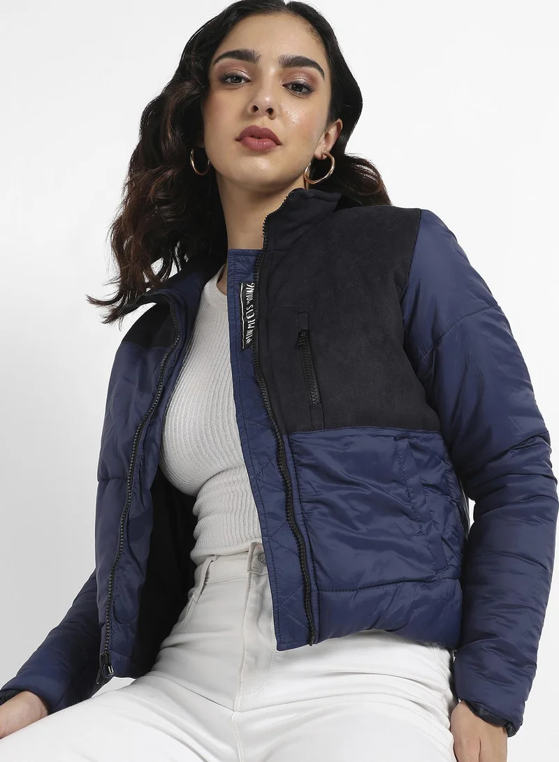 Campus Sutra Women's Blue Bomber Jacket With Angled Open Pockets For Casual Wear | High Neck  | Long Sleeve | Zipper Closure | Polyester Jacket Crafted With Comfort Fit For Everyday Wear