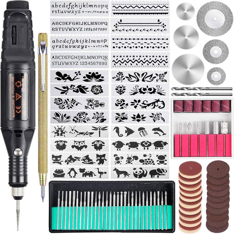 Uolor 108 Pcs Engraving Tool Kit, Multi-Functional Electric Corded Micro Engraver Etching Pen DIY Rotary Tool for Jewelry Glass Wood Metal Plastic with Scriber, 82 Accessories and 24 Stencils - Black - Image 1
