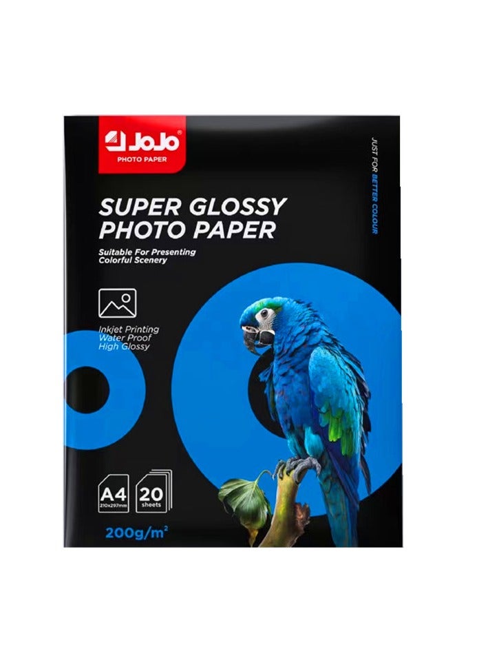 JOJO Super Glossy Waterproof A4 Photo Paper, 200 GSM Premium, Pack of 20 Sheets - Image 1