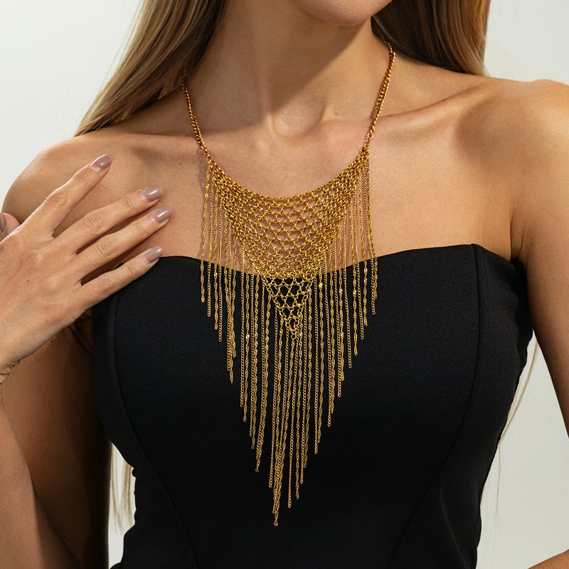 SHIXIN European and American Cross-Border Accessories: Ins Style Personalized Woven Mesh Clavicle Necklace with Simple Fashionable Multi-Layer Tassel Design - Image 3