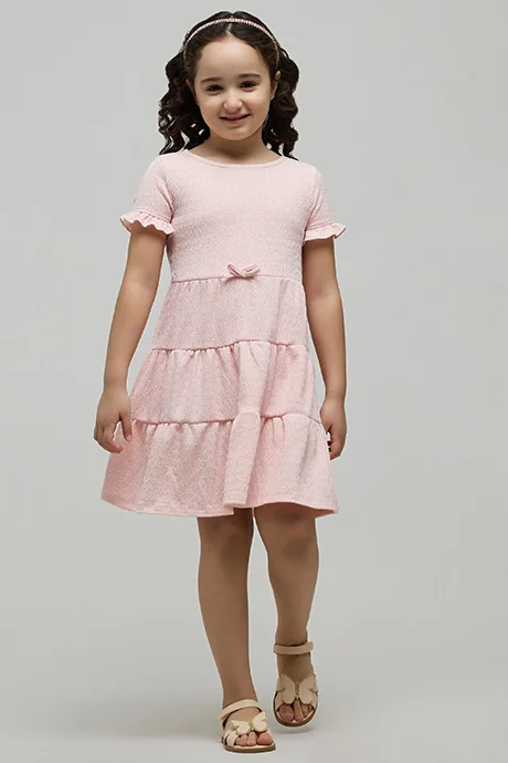 أر أند بي Textured Tiered Dress with Crew Neck and Short Sleeves