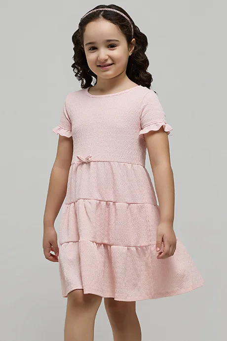 أر أند بي Textured Tiered Dress with Crew Neck and Short Sleeves