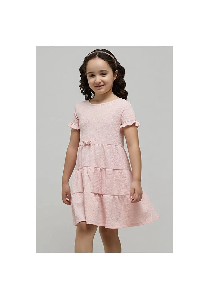 أر أند بي Textured Tiered Dress with Crew Neck and Short Sleeves