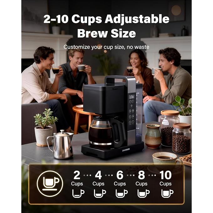 SHARDOR 10-Cup Coffee Maker, Programmable Drip Coffee Machine with 210 Cup Setting, Adjustable Keep-Warm Control, Removable 50oz Water Tank, Brew Strength Control & Brew Pause, Black - Image 3