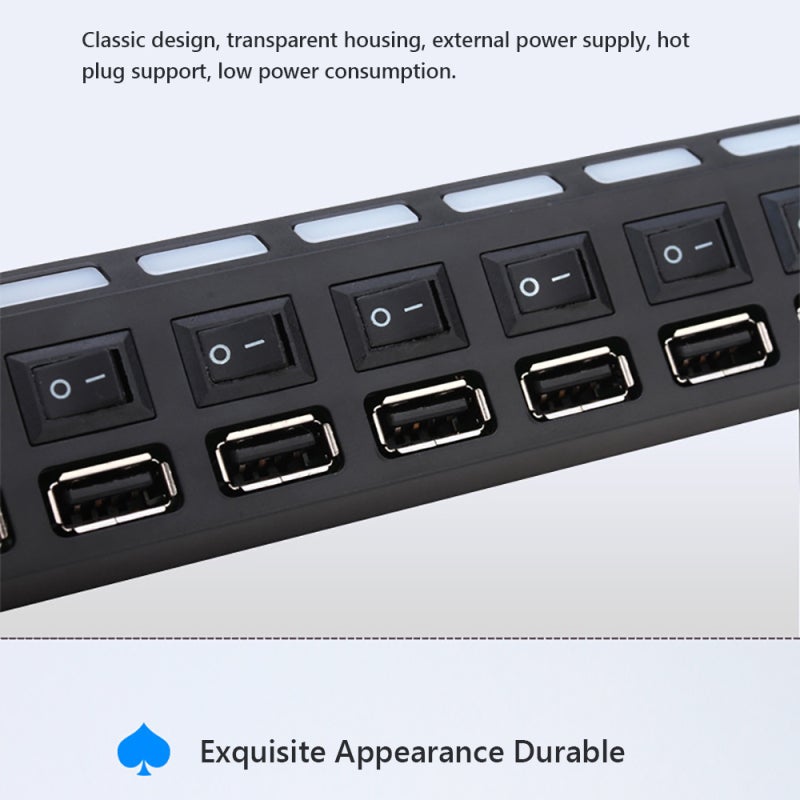 رابط USB: 7 منافذ بيضاء عالية السرعة USB 2.0 - مفتاح طاقة مستقل وقابل لتوفير الطاقة ومصدر طاقة خارجي ودعم التوصيل الساخن - توافق واسع للأجهزة والنظم كمصباح لهواتف المحمول وأجهزة الكمبيوتر المكتبية - Image 2