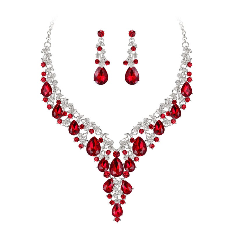 BriLove Women's Wedding Bridal Austrian Crystal Teardrop Flower Cluster Statement Necklace Dangle Earrings Jewelry Set Ruby Color Silver-Tone - Image 1