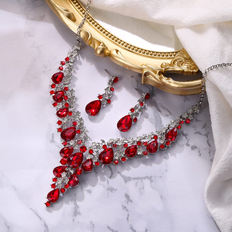 BriLove Women's Wedding Bridal Austrian Crystal Teardrop Flower Cluster Statement Necklace Dangle Earrings Jewelry Set Ruby Color Silver-Tone - Image 5