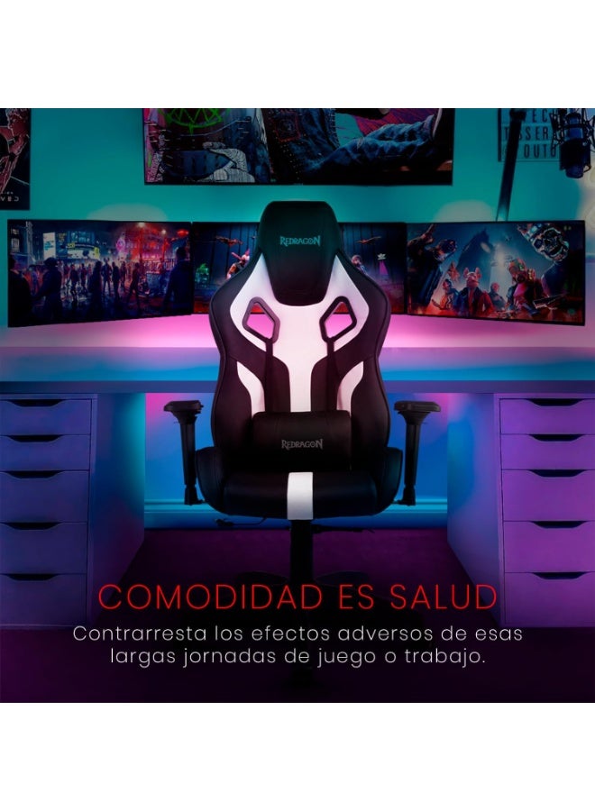 ريدراجون Gaming Chair C502 - Black and White, Ergonomic and premium design with PU/PVC materials, supportive head and backrests, 4D adjustable armrests, comfortable reclining mechanism, sturdy 350mm nylon base, and 60mm racing wheels for smooth movement, adjustable height up to 137cm, ideal for long gaming sessions - Image 3