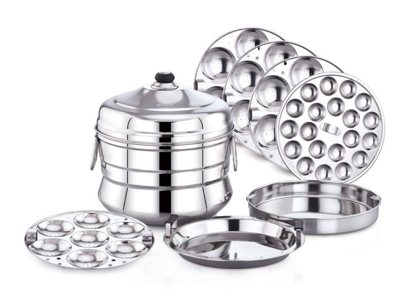 Diamond Diamond Stainless Steel Multi-Steaming Induction Base with 4 Idli Plates (28 Idlies), 1 Mini Idli Plate (20 Idlies), 1 Dhokla Plate, 1 Steamer Plate (Jumbo) - Image 1