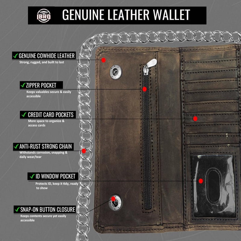 IBRO Motorcycle Chain Wallet for Men â€“ Premium Cowhide Leather, RFID Tri-Fold Biker Wallet with Heavy Duty Chain for Bikers Truckers & Hunters, Credit Card Money Organizer Long Wallet Crazy Horse Brown - Image 5