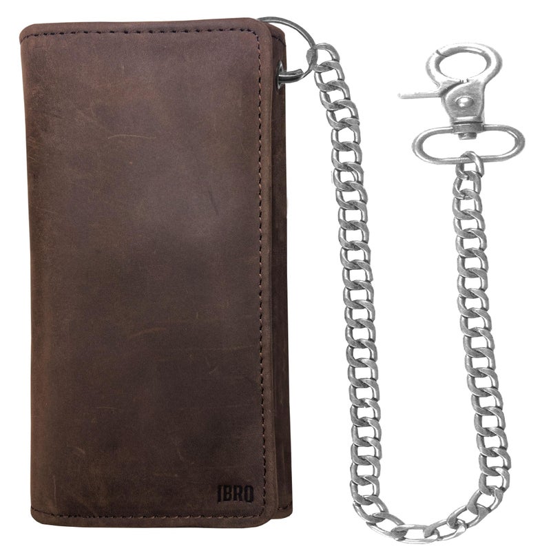 IBRO Motorcycle Chain Wallet for Men â€“ Premium Cowhide Leather, RFID Tri-Fold Biker Wallet with Heavy Duty Chain for Bikers Truckers & Hunters, Credit Card Money Organizer Long Wallet Crazy Horse Brown - Image 3