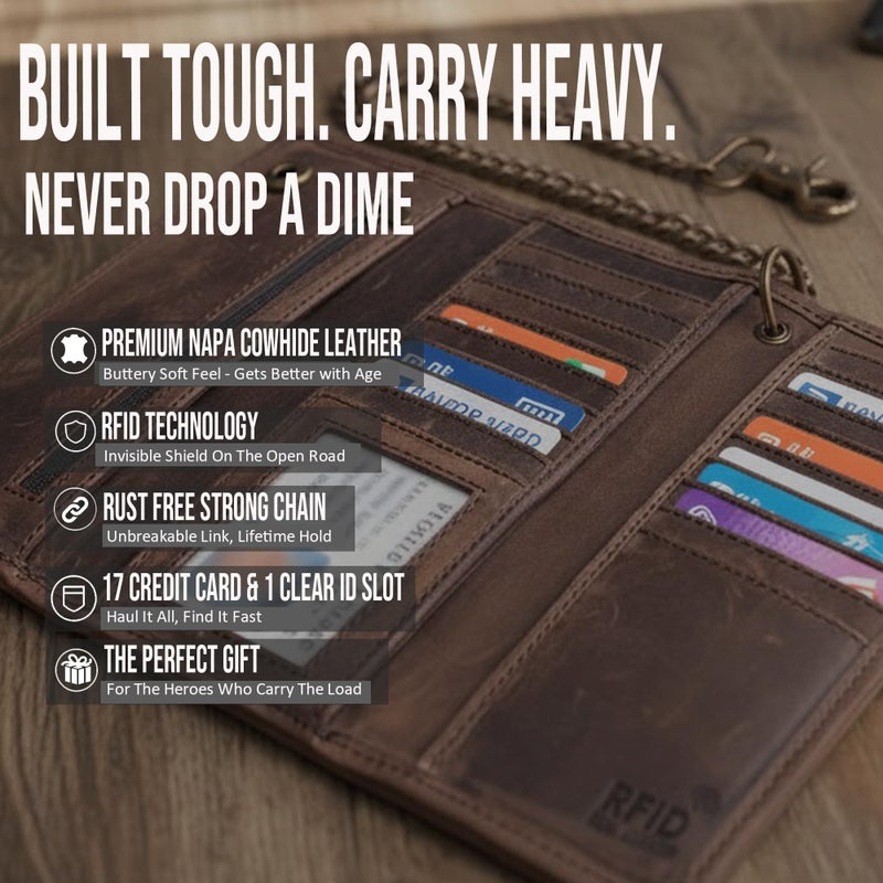 IBRO Motorcycle Chain Wallet for Men â€“ Premium Cowhide Leather, RFID Tri-Fold Biker Wallet with Heavy Duty Chain for Bikers Truckers & Hunters, Credit Card Money Organizer Long Wallet Crazy Horse Brown - Image 2