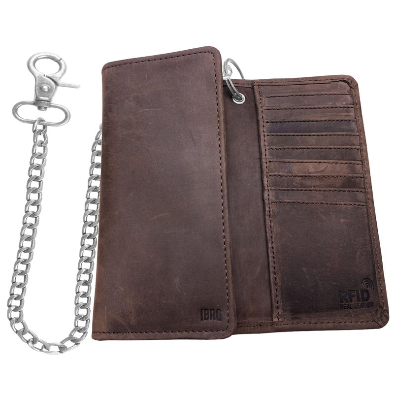 IBRO Motorcycle Chain Wallet for Men â€“ Premium Cowhide Leather, RFID Tri-Fold Biker Wallet with Heavy Duty Chain for Bikers Truckers & Hunters, Credit Card Money Organizer Long Wallet Crazy Horse Brown - Image 4