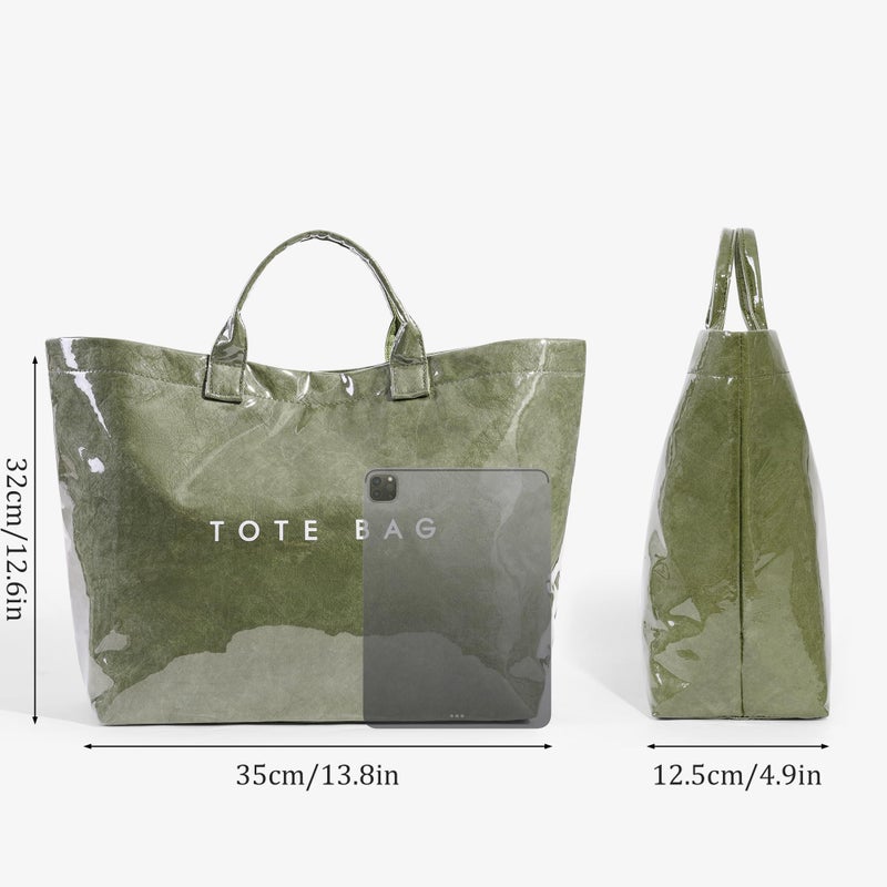 Lushandy PVC Tote Bag Women's Plastic Tote Purse Large Letters Print Hobo Handbag for Work, Beach, Gift (Olive Green) - Image 5