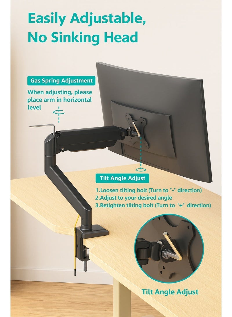 أيه بي جي ذراع شاشة قابل للتعديل بنابض غازي لشاشات من ١٥ إلى ٣٢ بوصة، يدعم وزنًا يتراوح بين ٤٫٤ و٢٢ رطلاً | حامل مكتبي كامل الحركة مع إمالة +٩٠ درجة/–٩٠ درجة ودوران ٣٦٠ درجة | مشبك وحلقة تثبيت متينة | VESA ٧٥/١٠٠ مم | للمنزل والمكتب - Image 5