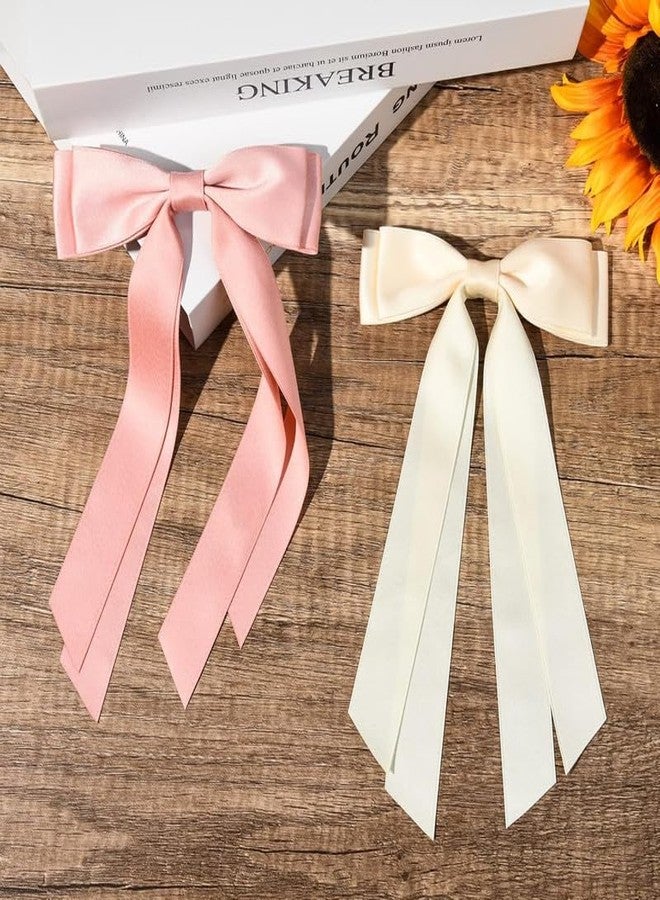 BELICIA 2PCS Luxury Silky Satin Hair Bows Hair Clip Beige Pink Hair Ribbon Ponytail Holder Accessories Slides Metal Clips Hair Bow for Women Girls Toddlers Teens Kids - Image 4