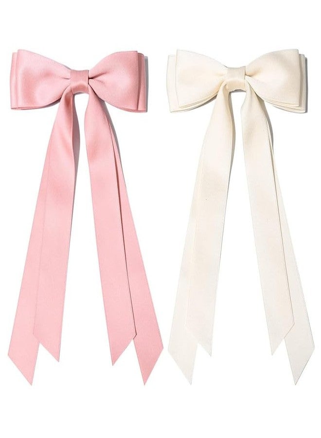 BELICIA 2PCS Luxury Silky Satin Hair Bows Hair Clip Beige Pink Hair Ribbon Ponytail Holder Accessories Slides Metal Clips Hair Bow for Women Girls Toddlers Teens Kids - Image 3