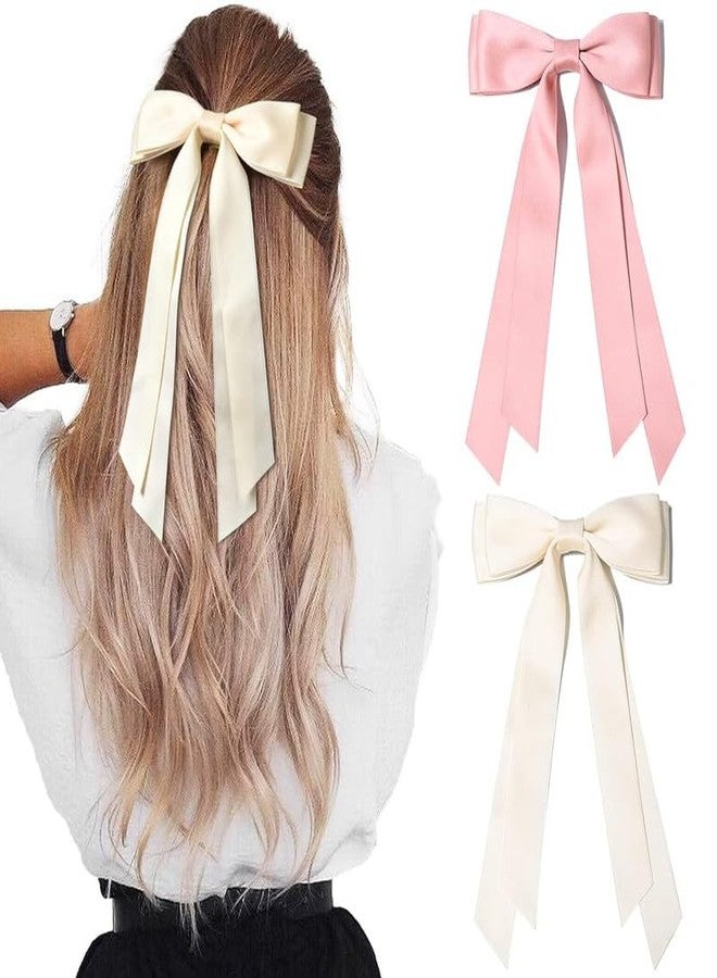 BELICIA 2PCS Luxury Silky Satin Hair Bows Hair Clip Beige Pink Hair Ribbon Ponytail Holder Accessories Slides Metal Clips Hair Bow for Women Girls Toddlers Teens Kids - Image 2