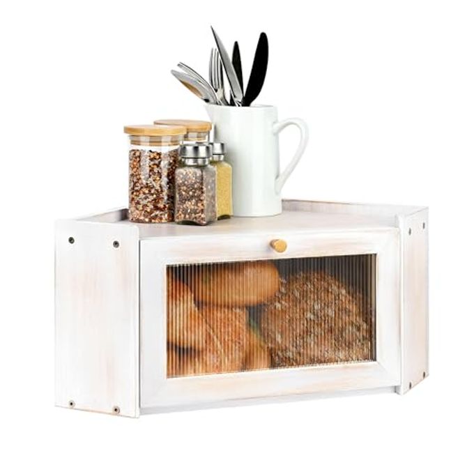 Ollieroo Vintage Coner Bread Box for Kitchen Countertop, Bamboo Bread Storage Container, Breadbox for Homemade Bread, Large Capacity Bread Bin(White)