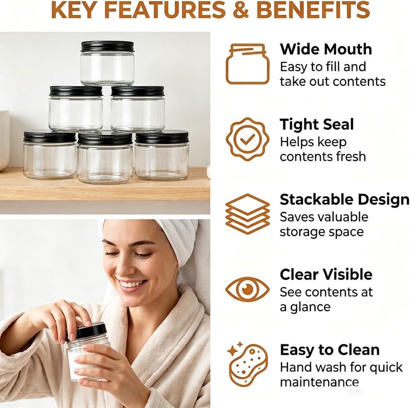 VASANA 6PCS 8 oz 250ml Clear Plastic Containers with Black Lids Empty Plastic Cream Jars Lotion Ointments and Cosmetic Containers Food Bottles for Scrubs Lotions Cosmetic and Butters - Image 4