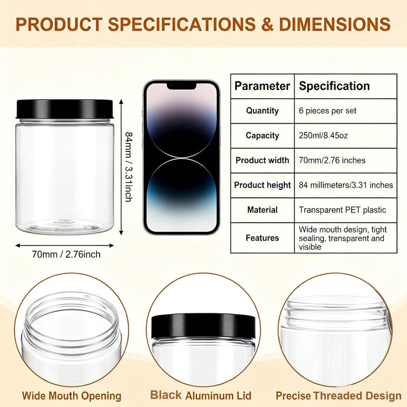 VASANA 6PCS 8 oz 250ml Clear Plastic Containers with Black Lids Empty Plastic Cream Jars Lotion Ointments and Cosmetic Containers Food Bottles for Scrubs Lotions Cosmetic and Butters - Image 2