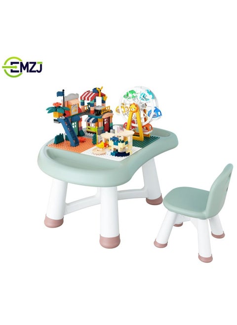 Kids Playing  Mushroom Block Table and Chair with Lego Blocks And Small Toys set Green